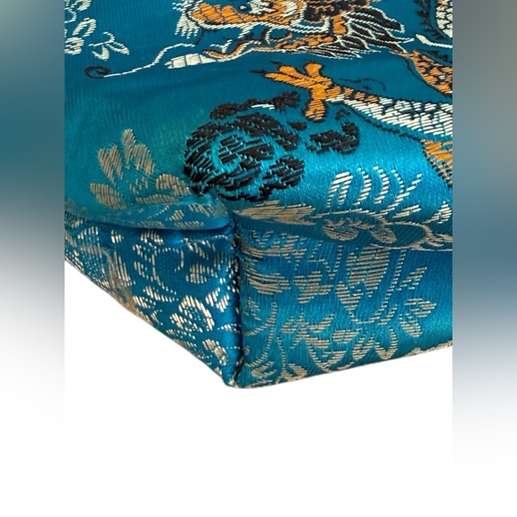 Elegant Blue Gold Brocade Tote Bag Bamboo Wooden Ring Handles Statement - Picture 4 of 8